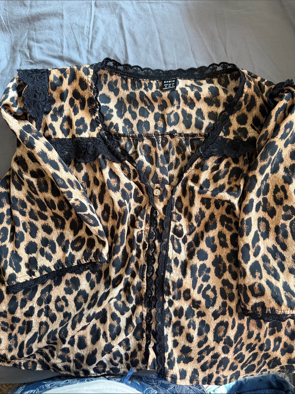 SHEIN crop Leopard Print Lace-Trim Button Front Top - Black & Tan medium 6